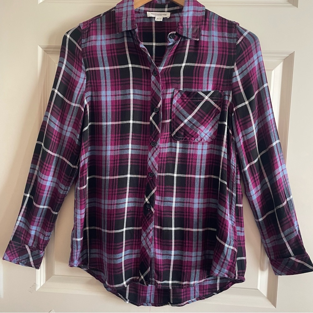 beachlunchlounge Pink and Blue Plaid Button Down Shirt Long Sleeve Cabincore - Picture 2 of 9